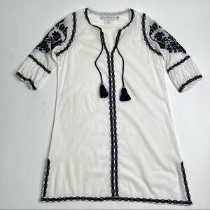 GRETCHEN SCOTT White Navy Tassel Embroidered Floral Cotton Cleopatra Tunic Dress